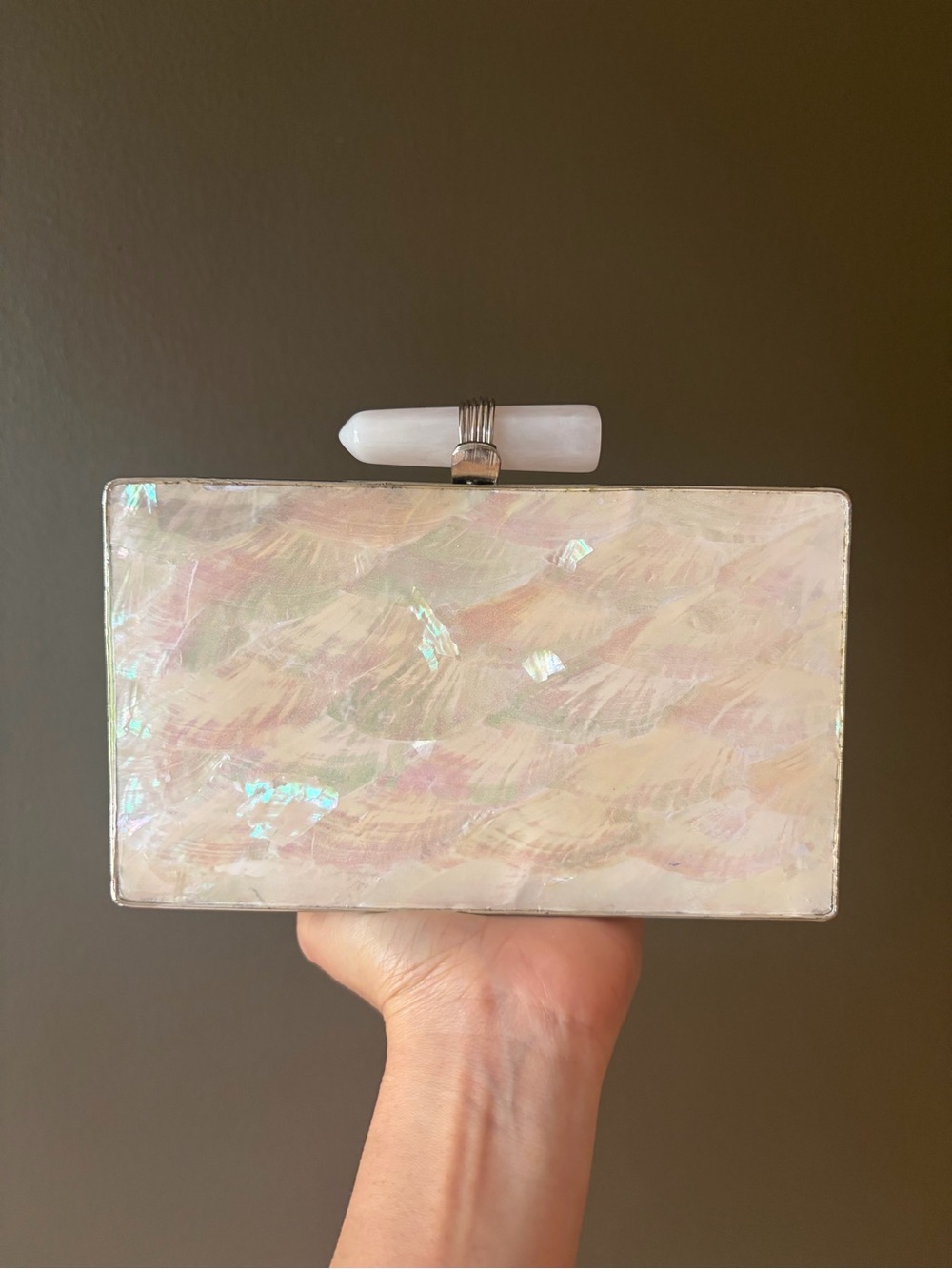 Pearlescent Mother-of-Pearl Acrylic Box Clutch with Stone Top